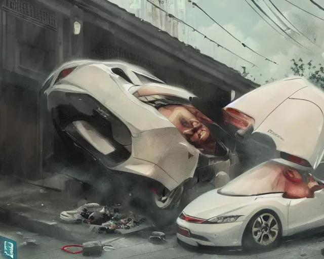 Prompt: a 50 year old brunnette chinese man with puffy cheeks lying with closed eyes on the ground next to a white super car crash, horror scene, dramatic, anime art, Greg Rutkowski, studio ghibli, dramatic lighting