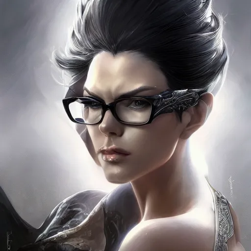 Image similar to a portrait of bayonetta, upper half portrait, urban motifs, intricate, elegant, highly detailed, digital painting, trending on artstation, concept art, smooth sharp focus, illustration, art by artgerm and greg rutkowski