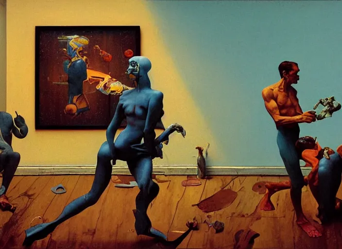 Prompt: a still from the film prometheus by francis bacon, surreal, soft blue and orange living room, norman rockwell and james jean, greg hildebrandt, and mark brooks, triadic color scheme, by greg rutkowski, in the style of francis bacon and syd mead and edward hopper and norman rockwell and beksinski, dark surrealism, open ceiling