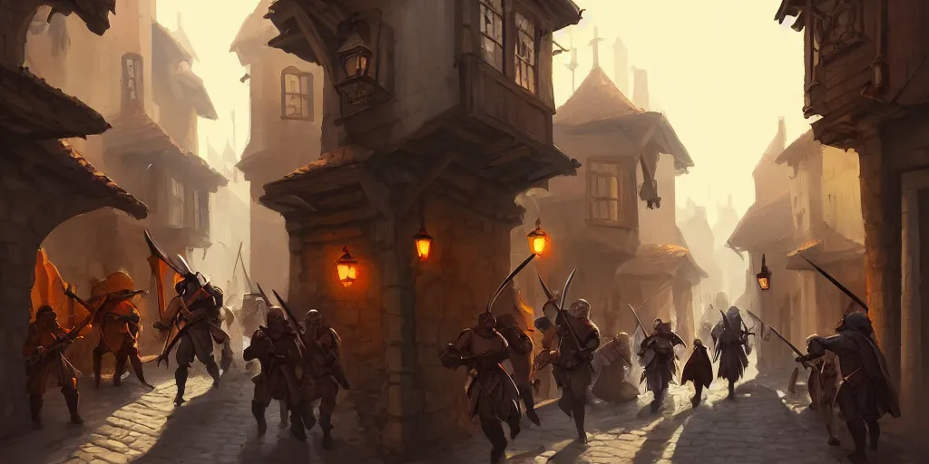 Prompt: an exciting fantasy street battle within a fascinating old city, soldiers fighting, narrow streets, old buildings, by Sylvain Sarrailh, cinematic, simple but effective composition, clean lines, beautiful digital painting, oil painting, detailed, dungeons and dragons, lord of the rings