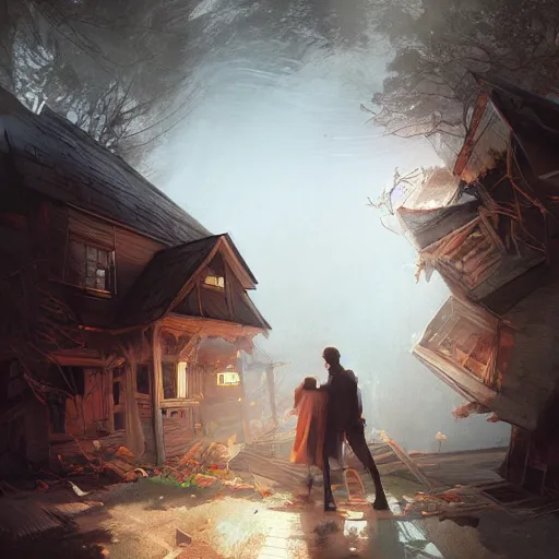 Image similar to two husbands leave each other inside a big wooden broken house by Stanley Artgerm Lau, WLOP, Rossdraws, James Jean, Andrei Riabovitchev, Marc Simonetti, Yoshitaka Amano, ArtStation, CGSociety