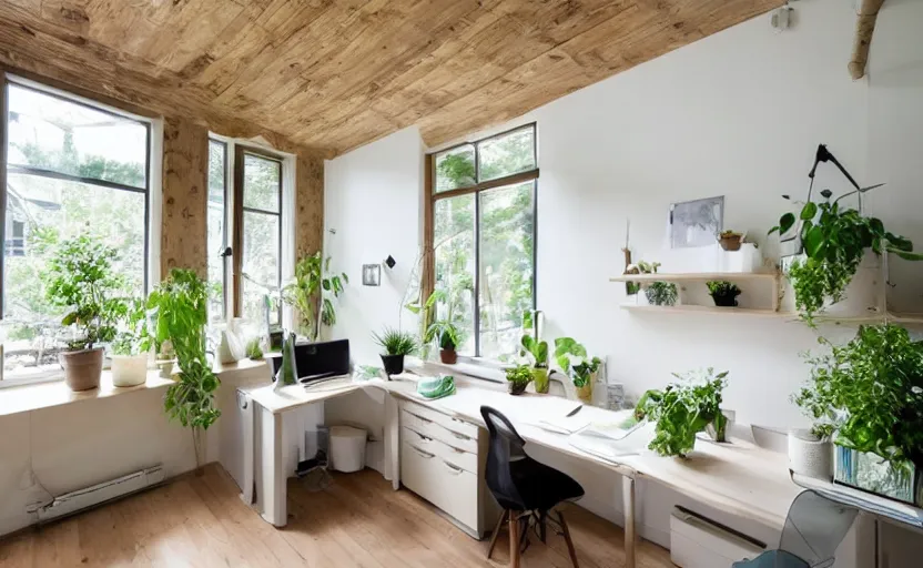 Image similar to cottage style office interior, rustic wood, stucco beige walls, multiple desks, white, bright, minimalistic, potted plants, cupboards, large windows with a view of a park, swedish design, bohemian, green