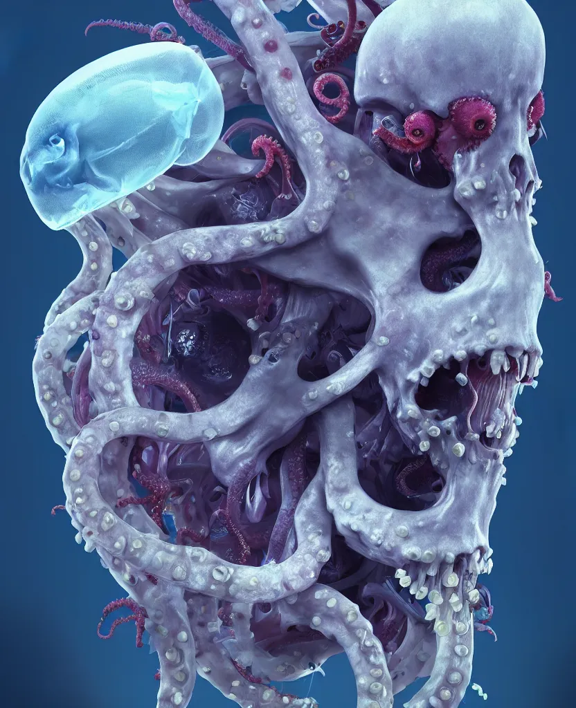 Image similar to boris johnson close - up portrait human skeleton, ram skull, octopus, jellyfish, orchid, betta fish, bioluminiscent, intricate artwork by tooth wu and wlop and beeple. octane render, trending on artstation, greg rutkowski very coherent symmetrical artwork. cinematic, hyper realism, high detail, octane render, 8 k