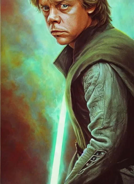 Prompt: beautiful character portrait, mark hamill young as luke skywalker ( from star wars 6 return of the jedi 1 9 8 3 ), ultra realistic, wide angle, intricate details, green smoke, dramatic lighting, highly detailed by peter mohrbacher, magali villeneuve, wayne barlowe, boris vallejo, greg rutkowski, dishonored 2