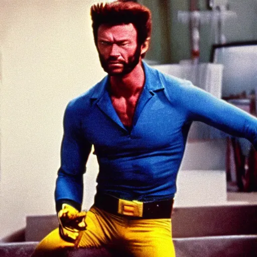 Prompt: 8 0 s, vhs, vintage movie, grain, clint eastwood as wolverine in blue and yellow costume,