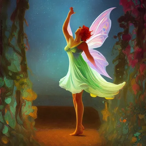 Image similar to A beautiful dancing fairie, cinematic lighting, soft bokeh, fantasy, modern, colourful, highly detailed, digital painting, artstation, deviantart, concept art, sharp focus, illustration, by Edward Hopper and Rene Magritte and Alphonse Mucha