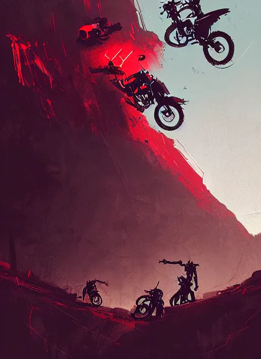 Image similar to horror art, motorbikers fight in hell, red peaks in the background, art by ismail inceoglu