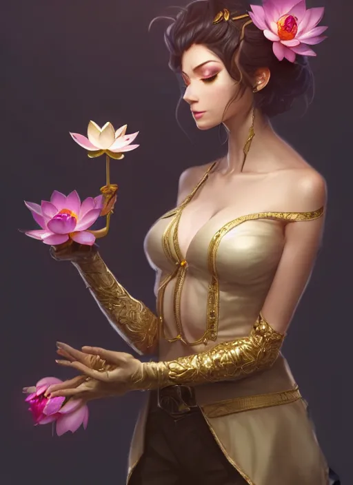 Image similar to female magician, wide angle view, lotus, flowers, gold, diamonds, highly detailed, artgerm, cushart krenz, artstation, soft light, sharp focus, illustration, character design, concept art