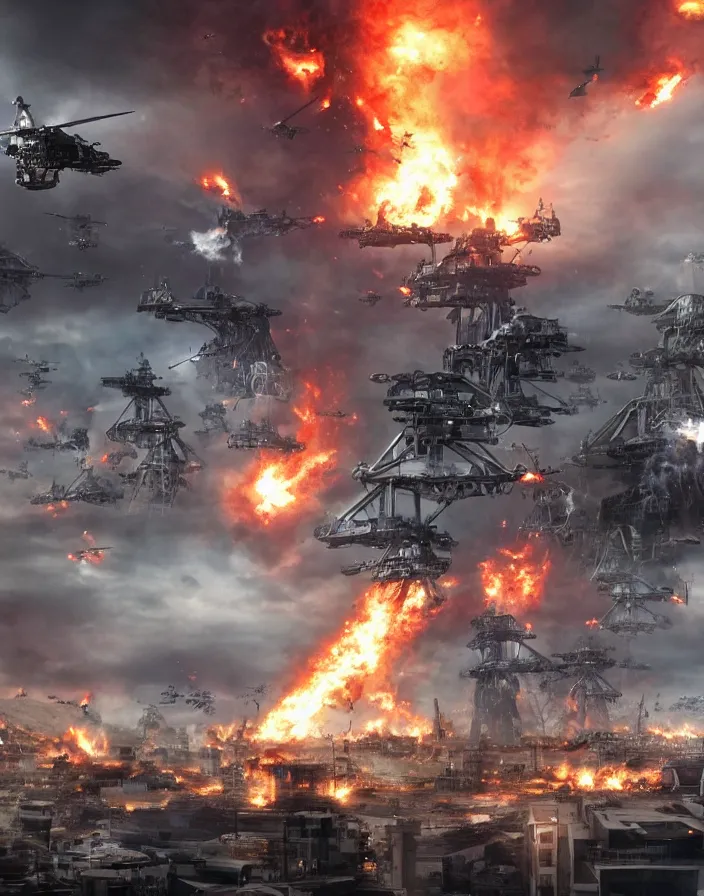 Image similar to giant robotic aliens attacking city, people watch from oil rig platform they have fled the city and watch as it burns, helicopters and fighter jets flying by shooting at the giant robotic aliens, clone army destroying humans in the city, humans vs the robots, in the style of terminator salvation