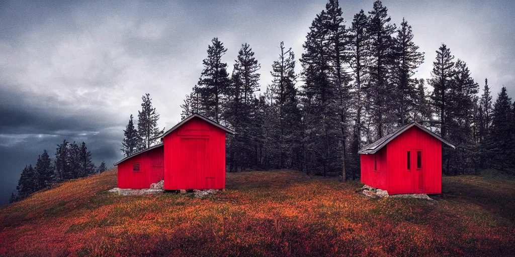 Image similar to stunning photo of landscape with an red cabin on a mountain by mikko lagerstedt