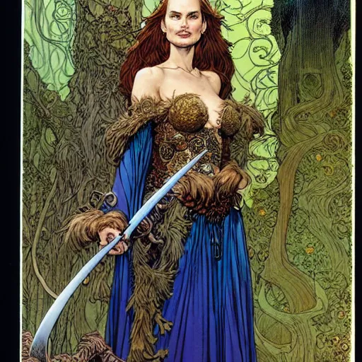 Image similar to a realistic portrait of natalie portman as a druidic wizard looking at the camera with an intelligent but seductive gaze by rebecca guay, michael kaluta, charles vess and jean moebius giraud