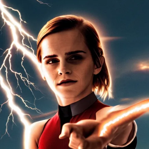 Prompt: photo of emma watson holding bright energetic thunderbolts in her hands. cinematic