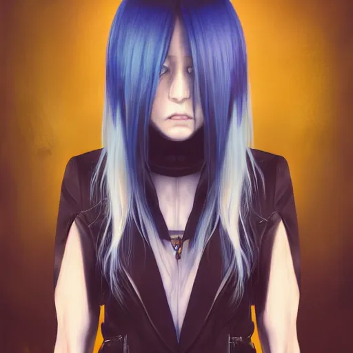 Prompt: full face shot of rimuru tempest, sky blue straight hair, long bangs, with amber eyes, wearing a black jacket, high collar, ultra detailed, concept art, award winning photography, digital painting, cinematic, wlop artstation, closeup, pixiv, evil, yoshitaka amano, andy warhol, ilya kuvshinov,