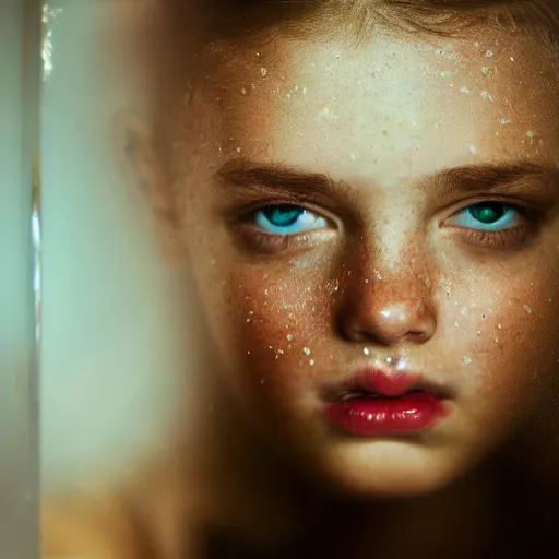 Prompt: beautiful girl's face seen through a transparent crystal, masterpiece portrait, dramatic lighting, 8k