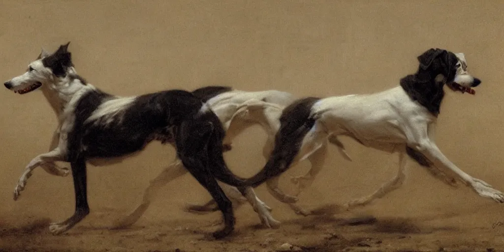 Image similar to white greyhounds running in the night dessert, by john charles dollman and nicola samori, highly detailed, realistic. dark atmosphere