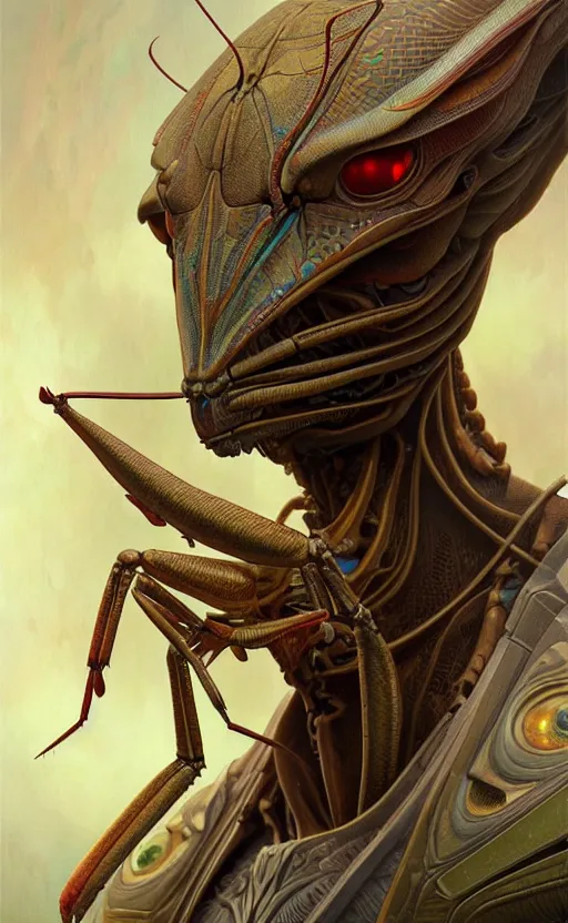 Image similar to portrait of an insectoid man, praying mantis human, concept art, deep focus, fantasy, intricate, highly detailed, digital painting, artstation, matte, sharp focus, illustration, art by artgerm and greg rutkowski and alphonse mucha