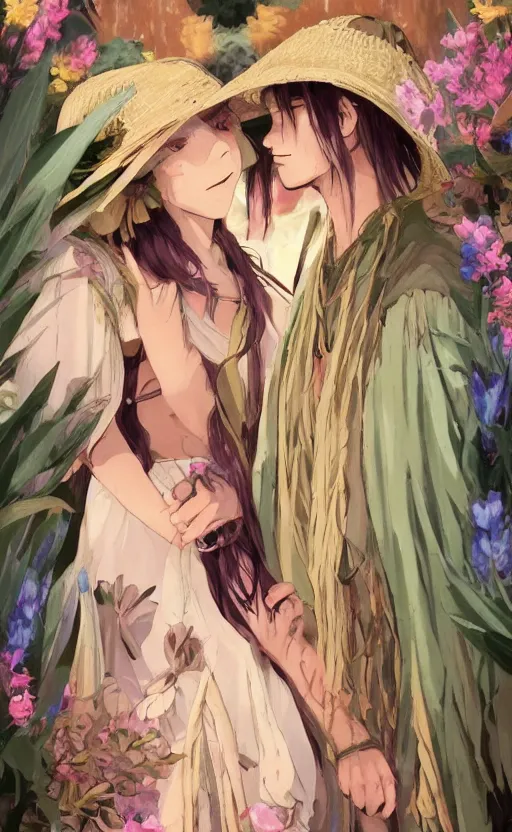 Prompt: bestselling movie poster, official media,a cinematic beautiful closeup moment of lovers saying goodbye wearing boho poncho and sunhat with hyacinths, full body portrait and simple form, brutal shapes, shaman, pixiv, 1970s fashion, official anime media, cinematic lighting, artstation consept artwork by doja cat, charlie bowater, waterhouse, ,greg rutkowski, wong kar wai