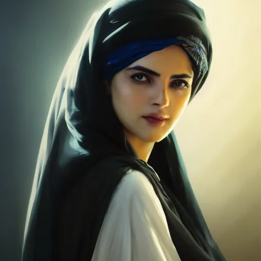 Image similar to a Photorealistic dramatic hyperrealistic render of an arab ameera al taweel, blue eyes, black hair, white veil,by WLOP,Artgerm,Greg Rutkowski,Alphonse Mucha, Beautiful dynamic dramatic dark moody lighting,shadows,cinematic atmosphere,Artstation,concept design art,Octane render,8K