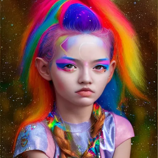 Image similar to a 3 d realistic image of a mythological young girl with rainbow hair looking at the camera, she has sparkles and stickers on her face painting by mark ryden and audrey kawasaki 3 d 8 k ultra detailed