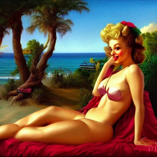 Prompt: realistic photo, woman, dressed in pin up style, beach, sun, stylish, proportional, greg hildebrandt fancy rococo baroque regal oil painting high quality