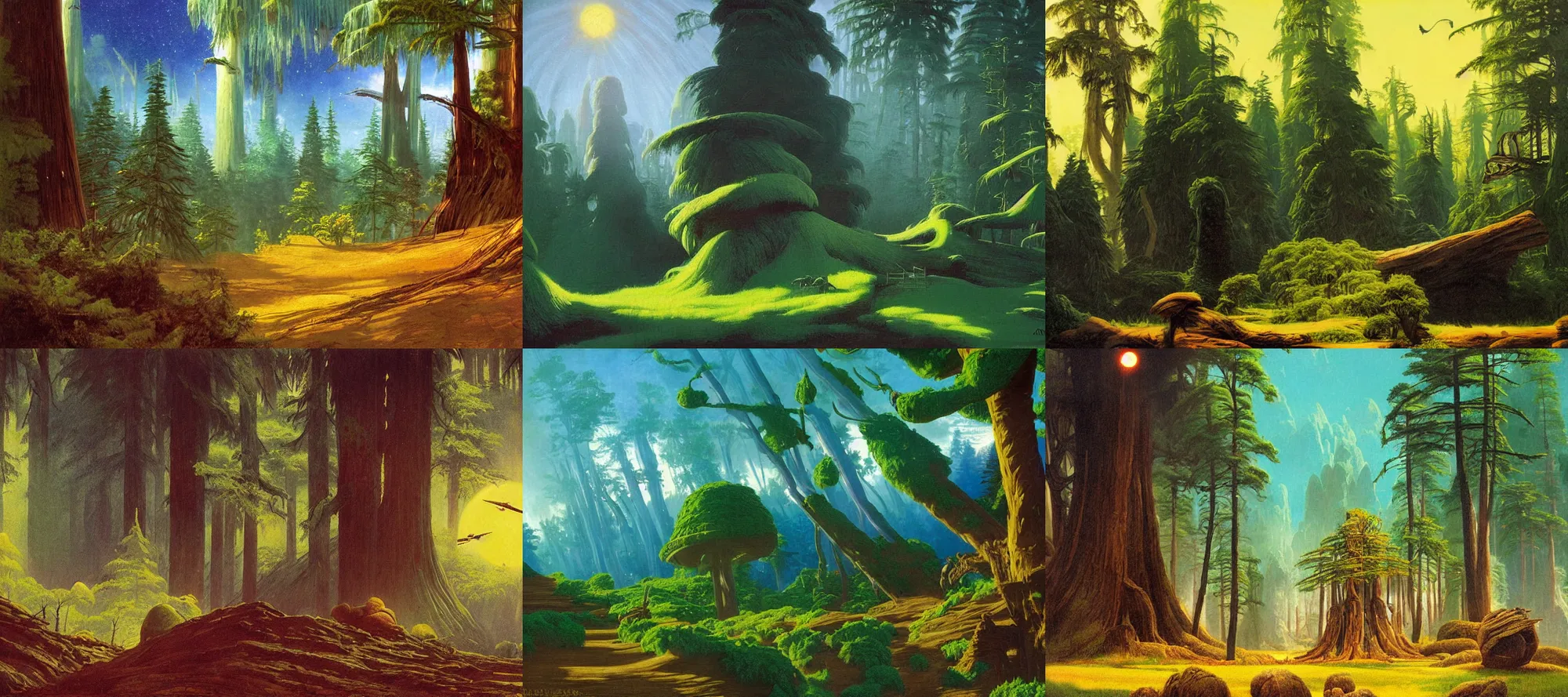 Prompt: endor landscape in the style of dr. seuss, starships, painting by albert bierstadt