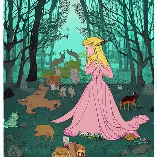 Image similar to A beautiful street art of Princess Aurora singing in the woods while surrounded by animals. She looks so peaceful and content in the company of the animals, and the colors are simply gorgeous. mythological map by Josan Gonzalez, by Bill Henson amorphous