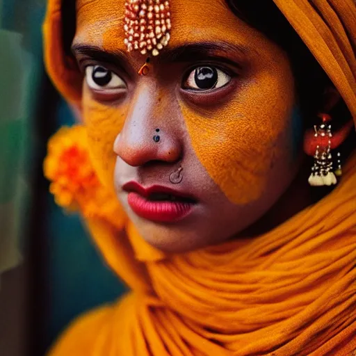 Prompt: realistic expired fuji film portrait of strange india woman mix, marigold celestial vibe, hyperrealism, hypermaxiymalism, photorealistic, detailed, atmospheric, 8 k, award winning photography, cinematic