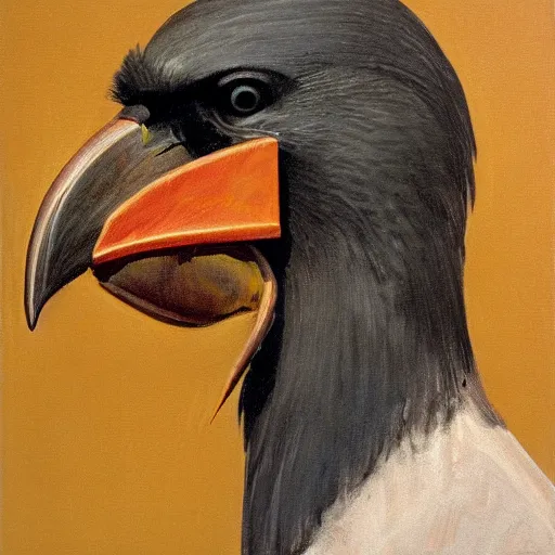 Prompt: american realist portrait of crow - human creature ( 1 9 9 2 ), futurist, burnt umber, yellow ochre, and titanium white