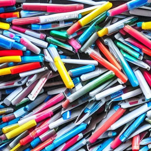 Prompt: a huge pile of plastic pens have fallen, realistic shaded