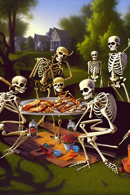 Prompt: classic oil painting, a family of skeletons are having an outdoor barbeque, as dnd characters, in the backyard on a summer day, cottagecore, chef hat, highly detailed, digital illustration, concept art, smooth, sharp focus, ominous, art by tim hildebrandt, and greg hildebrandt