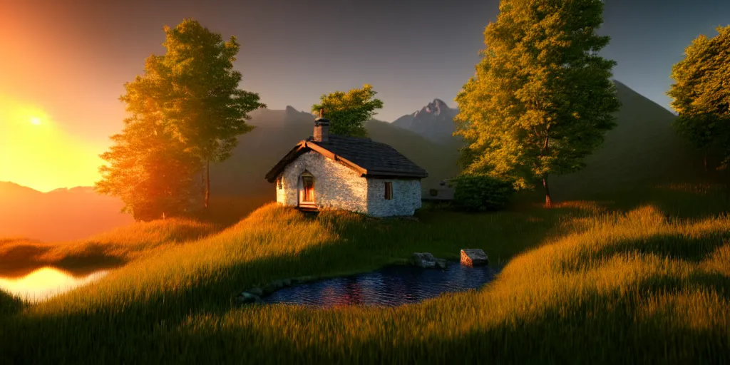 Prompt: a beautiful fantasy landscape, mountain in background, little cottage, small pond, some trees in the corner, sunrise, hyper realism, octane render