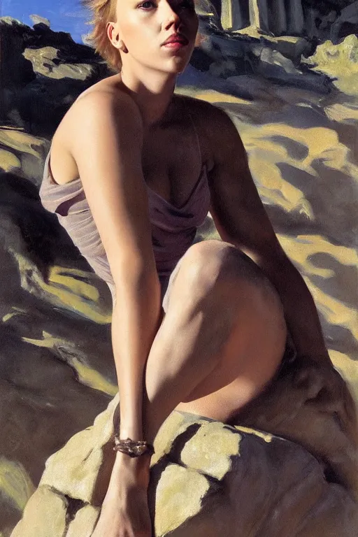 Image similar to portrait of scarlett johansson sitting with full face full figure on a rock near some ruins, in the style of expressionism, soft light, volumetric light, subsurface scattering, translucent skin, john singer sargent