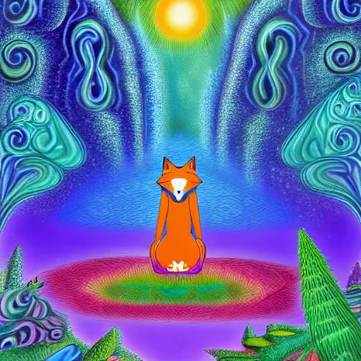 Image similar to an anthromorphic fox man meditating in a garden with a waterfall and clouds, by Lisa Frank in a psychedelic style, digital art