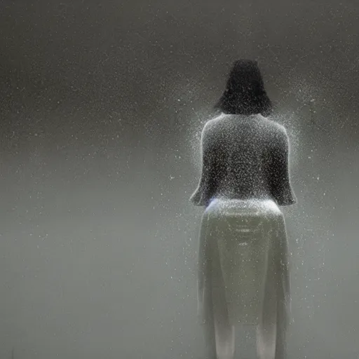 Prompt: mirage illusion of a person made of myst and water in the rain