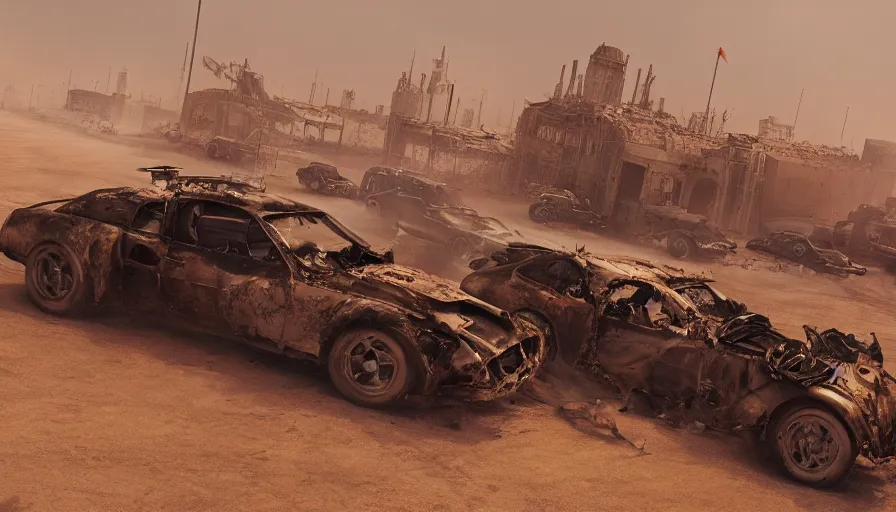 Prompt: destroyed brussels in mad max, race in the streets, sandstorm, lightning, hyperdetailed, artstation, cgsociety, 8 k