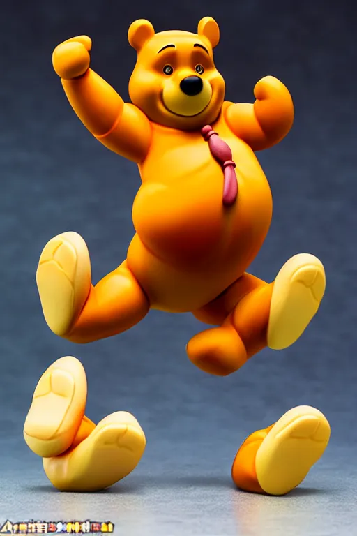 Prompt: still high quality figurine of buff winnie the pooh, tsurime eyes, tareme eyes, personification, dynamic pose, detailed product photo, featured on amiami, tone mapped, beautiful composition, 8 5 mm, f. 1 4