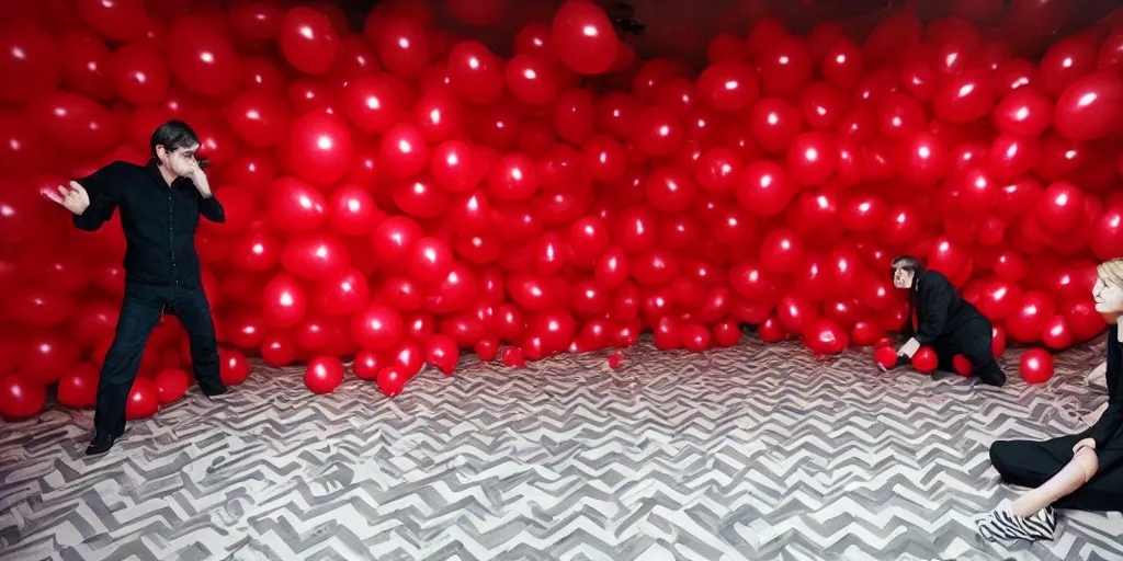 Prompt: louis theroux and laura palmer blowing up red balloons in the red room, twin peaks. in the style of david lynch, black and white zig zag floor