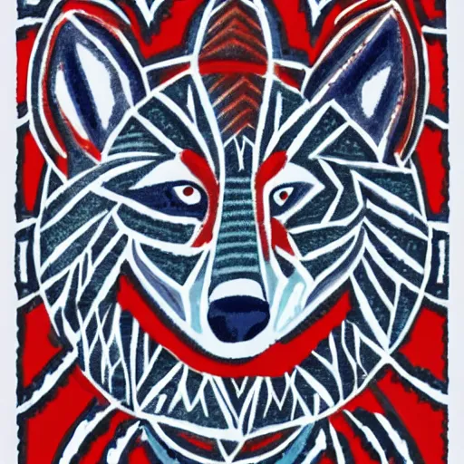 Prompt: a gray-blue-red wolf-woman drawn from dozens of ellipses.