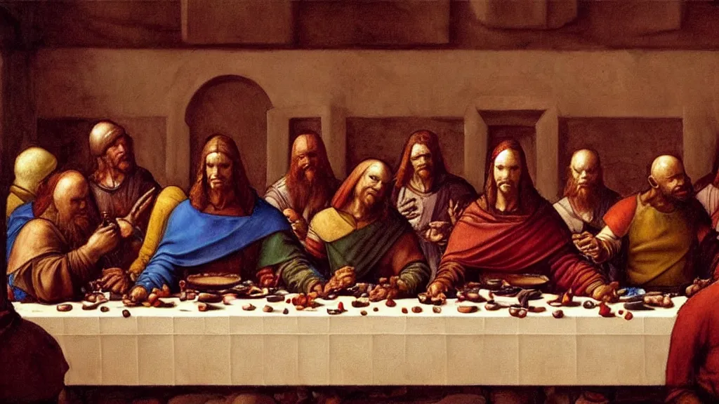 Image similar to mandalorian at the last supper, by leonardo davinci, concept art, oil painting, art station