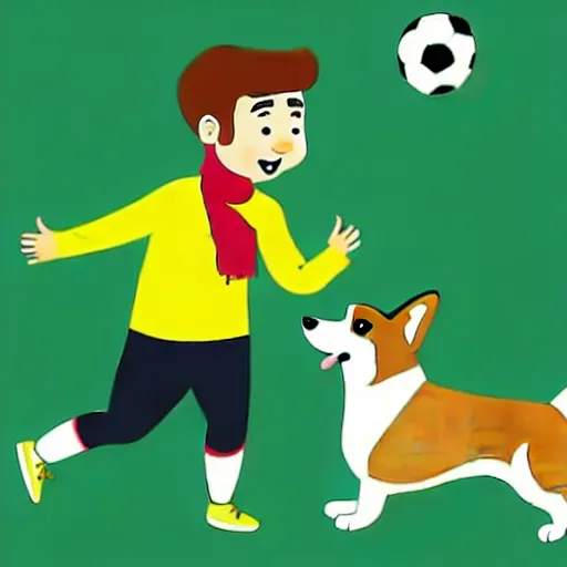 Prompt: illustration of french boy playing football with a corgi wearing a polka dot scarf in paris