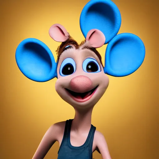 Image similar to 3 d render, portrait, headshot, closeup, anthropomorphic mouse, female, wearing denim short shorts and a off yellow tank top shirt, in the style of flushed away