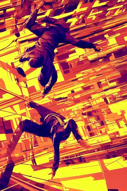 Image similar to wideangle action, parkour runner, flow zone, decoherence, synthwave, glitch!!, fracture, vortex, realistic, hyperdetailed, concept art, golden hour, art by syd mead, cubism