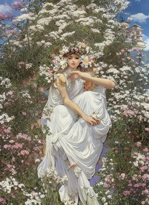 Prompt: a huge outdoor wall mural taking up the entire side of a building. it shows a fairy sitting in a field of white flowers. they are both wearing flower crowns. stunning wall mural painting by by artgerm and greg rutkowski and alphonse mucha