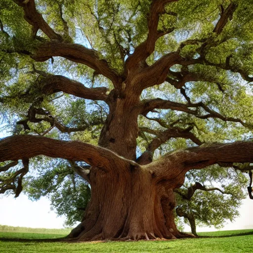 Image similar to oak tree as big as a building with people among the roots