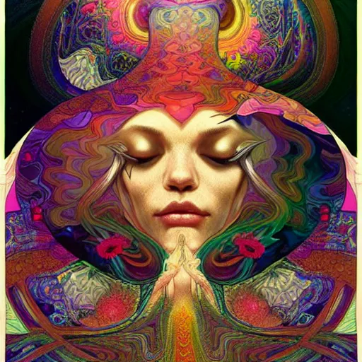 Image similar to An extremely psychedelic experience, reality bending, morphing, transforming, colorful, surreal, magic mushrooms, psilocybin, LSD, face, detailed, intricate, elegant, highly detailed, digital painting, artstation, concept art, smooth, sharp focus, illustration, art by Krenz Cushart and Artem Demura and alphonse mucha