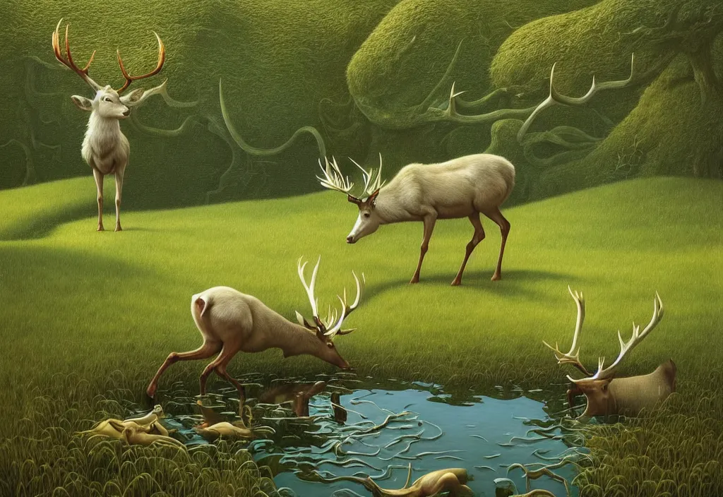 Image similar to hyper detailed 3d render like a Oil painting - white stag drinking from a pond in a peaceful lush meadow, by Jacek Yerka, Mariusz Lewandowski, Houdini algorithmic generative render, Abstract brush strokes, Masterpiece, Edward Hopper and James Gilleard, Zdzislaw Beksinski, Mark Ryden, Wolfgang Lettl, hints of Yayoi Kasuma, octane render, 8k