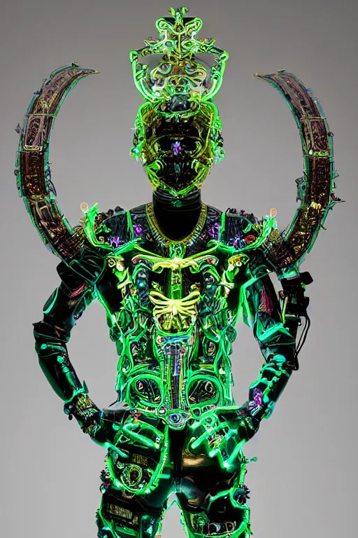 Prompt: full-body bladerunner neon baroque style sculpture of a young handsome Spanish prince as a half cibernetic android with a chest opening exposing circuitry and electric sparks, glowing laser beam eyes, crown of giant neon diamonds, flowing neon green colored silk, fabric, raptors. baroque elements. full-length view. mechanical gear neon flowers. intricate artwork by caravaggio. black screen panel for a face. Trending on artstation, octane render, cinematic lighting from the right, hyper realism, octane render, 8k, depth of field, 3D