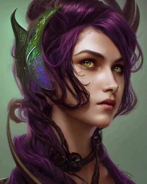 Prompt: Attractive Tiefling Druid, She has olive brown skin, vibrant dark purple hair, and stunning silver eyes, Wearing a green shawl portrait, highly detailed, digital painting, artstation, concept art, sharp focus, illustration, art by artgerm and greg rutkowski and alphonse mucha