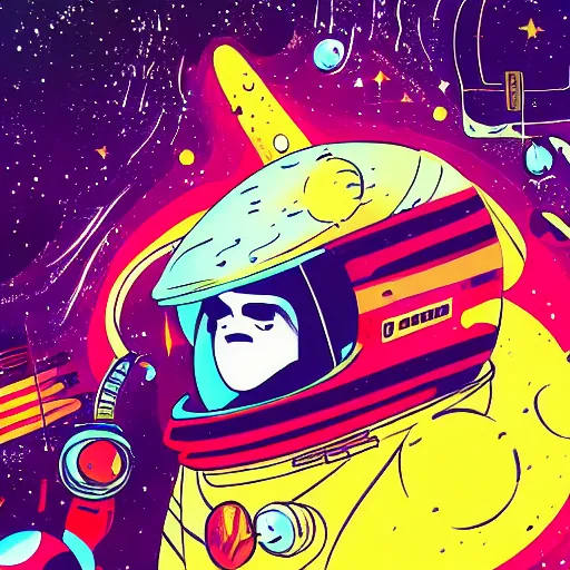 Prompt: Medium shot of an astronaut relaxing in space designed by Jack Kirby, digital art, cartoon art, acrylic, bokeh, synthwave, retro,