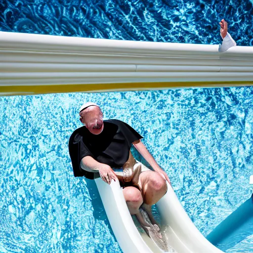 Image similar to the pope on a water slide, professional photography